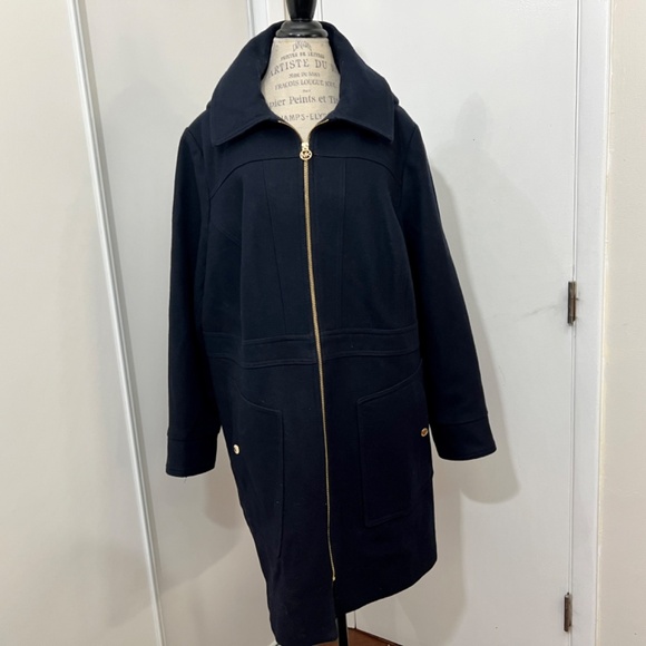 MICHAEL KORS Zip-Up Removable Hood Wool Coat Women Deep Black Lined Goldcolor 1X - Picture 5 of 16